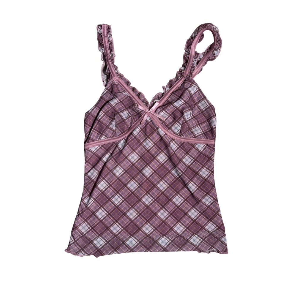 Madden Girl Purple Plaid Ruffle Cami Top Mesh V-Neck Bow Y2K Coquette festival